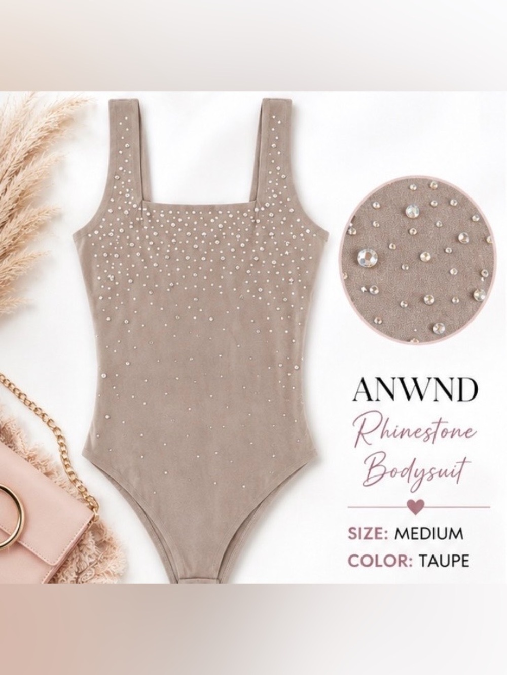 New With Tags ANWND rhinestone embellished bodysuit in a gorgeous taupe/greige n